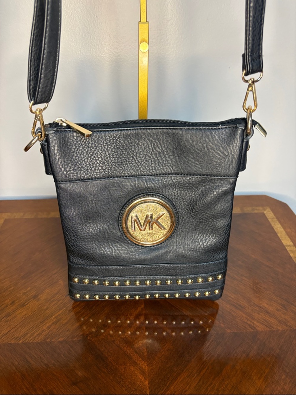 Michael Kors Black Leather Crossbody with Gold MK Medallion